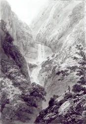 The Cascade of Minzapeezo, Watercolour by Samuel Davies after an Engraving